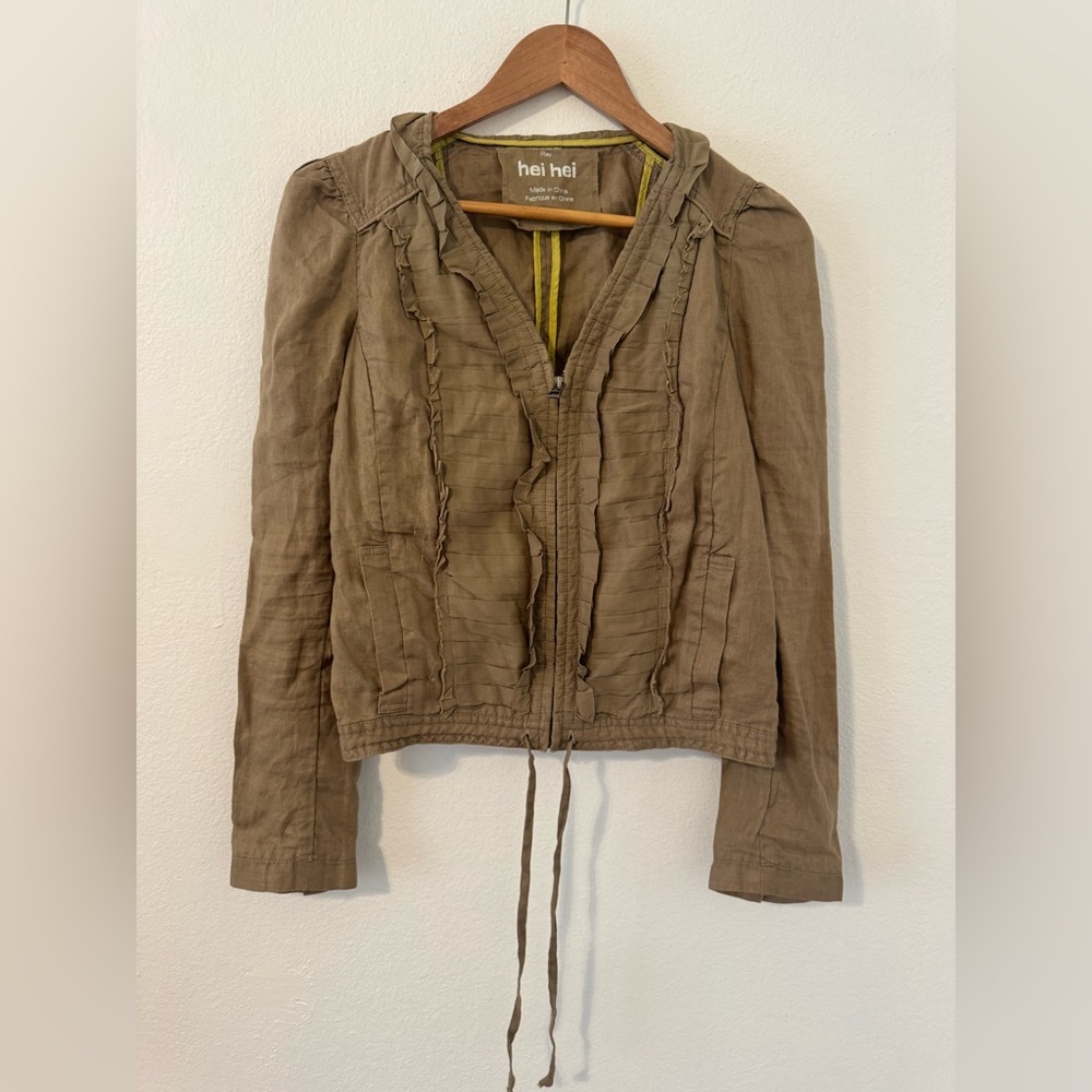 Anthropologie Hei Hei Linen Jacket Pintuck Ruffles Zip Up Khaki Size 6